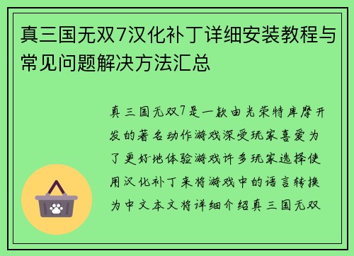 真三国无双7汉化补丁详细安装教程与常见问题解决方法汇总