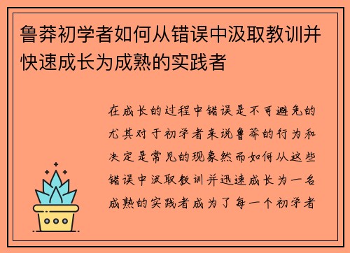 鲁莽初学者如何从错误中汲取教训并快速成长为成熟的实践者